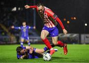 20 October 2023; Dean George of Treaty United in action against Darragh Power of Waterford during the SSE Airtricity Men's First Division match between Waterford and Treaty United at RSC in Waterford. Photo by Michael P Ryan/Sportsfile