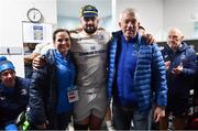 22 January 2023; Leinster debutant Rory McGuire, with his parents Hugh and Sue after receiving his first cap after the United Rugby Championship match between Glasgow Warriors and Leinster at Scotstoun Stadium in Glasgow, Scotland. Photo by Sam Barnes/Sportsfile