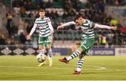 22 October 2023; Trevor Clarke of Shamrock Rovers shoots to score his side's first goal during the SSE Airtricity Men's Premier Division match between Shamrock Rovers and Drogheda United at Tallaght Stadium in Dublin. Photo by Stephen McCarthy/Sportsfile