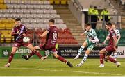 22 October 2023; Johnny Kenny of Shamrock Rovers shoots to score his side's third goal during the SSE Airtricity Men's Premier Division match between Shamrock Rovers and Drogheda United at Tallaght Stadium in Dublin. Photo by Stephen McCarthy/Sportsfile