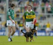 11 July 2004; A dog runs onto the field as Limerick's Stephen Lavin and Kerry's William Kirby await the game to restart. Bank of Ireland Munster Senior Football Championship Final, Limerick v Kerry, Gaelic Grounds, Limerick. Picture credit; Brendan Moran / SPORTSFILE