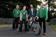 6 September 2013; Minister for Transport, Tourism & Sport Leo Varadkar T.D. wishes Ireland’s largest triathlon team well for the World Championships in London, pictured with, left to right, Stephen Delaney, Development coach Triathlon Ireland, Suzy Macken, from Dundalk, and Chris Kitchen, Triathlon Ireland Chief Executive. Millennium Park, Coolmine, Dublin. Picture credit: David Maher / SPORTSFILE