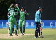 6 September 2013; Ireland's George Dockrell celebrates with team-mate Gary Wilson after taking the wicket of Scotland's David Murphy. World Cricket League, Ireland v Scotland, Northern Cricket Union, Stormont, Belfast, Co. Antrim. Picture credit: Oliver McVeigh / SPORTSFILE