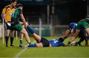 6 September 2013; Cian Kelleher, Leinster, is prevented from getting to the ball by Mark O'Keefe, Connacht. Under 20 Interprovincial, Leinster v Connacht, Donnybrook Stadium, Donnybrook, Dublin. Picture credit: Ray McManus / SPORTSFILE