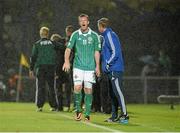 6 September 2013; Chris Brunt, Northern Ireland, reacts after being sent off, as he walks past manager Michael O'Neill. 2014 FIFA World Cup Qualifier, Group F, Northern Ireland v Portugal, Windsor Park, Belfast.  Picture credit: Oliver McVeigh / SPORTSFILE