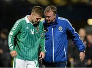 6 September 2013; Northern Ireland manager Michael O'Neill and Oliver Norwood after the game. 2014 FIFA World Cup Qualifier, Group F, Northern Ireland v Portugal, Windsor Park, Belfast.  Picture credit: Oliver McVeigh / SPORTSFILE