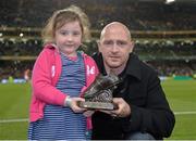 6 September 2013; Glen Crowe with his five year old daughter Alex after he was presented with the Airtricity League Legend Award. 2014 FIFA World Cup Qualifier, Group C, Republic of Ireland v Sweden, Aviva Stadium, Lansdowne Road, Dublin. Picture credit: Matt Browne / SPORTSFILE