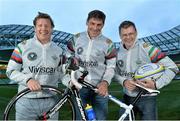 7 September 2013; Rugby legends from left, Paul Wallace, Rob Wainwright and Richard Wallace gathered at the Aviva Stadium this morning before beginning the first leg of their Rugby Legends Malin to Mizen Charity Cycle to raise money for Cancer Research through the CROSS charity. They will be part of a group of 20 Rugby Legends involved in the cycle.  You can find out more about the cycle, which takes place from the 7th to 13th September, by logging on to www.CrossRugbyLegends.com. Aviva Stadium, Lansdowne Road, Dublin. Picture credit: Barry Cregg / SPORTSFILE