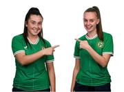 22 October 2023; Lia O'Leary, left, and Joy Ralph during a Republic of Ireland Women Under-19's portrait session at the Pillo Hotel in Ashbourne, Meath. Photo by Stephen McCarthy/Sportsfile