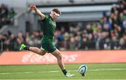 28 October 2023; Cathal Forde of Connacht kicks a conversion during the United Rugby Championship match between Connacht and Glasgow Warriors at The Sportsground in Galway. Photo by Ramsey Cardy/Sportsfile