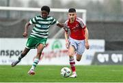 29 October 2023; Kian Quigley of St Patricks Athletic in action against Des Armstrong of Shamrock Rovers during the EA SPORTS U14 LOI Eddie Wallace Cup match between Shamrock Rovers and St Patrick Athletic at Athlone Town Stadium in Westmeath. Photo by Eóin Noonan/Sportsfile