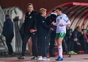 31 October 2023; Republic of Ireland interim head coach Eileen Gleeson and Abbie Larkin during a second half substitution during the UEFA Women's Nations League B match between Albania and Republic of Ireland at Loro Boriçi Stadium in Shkoder, Albania. Photo by Stephen McCarthy/Sportsfile