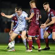 3 November 2023; Jack Moylan of Shelbourne in action against Matthew O'Brien of Drogheda United, 14, during the SSE Airtricity Men's Premier Division match between Drogheda United and Shelbourne at Weaver's Park in Drogheda, Louth. Photo by Piaras Ó Mídheach/Sportsfile