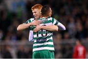 3 November 2023; Graham Burke of Shamrock Rovers, 10, celebrates with teammate Rory Gaffney after scoring his side's first goal during the SSE Airtricity Men's Premier Division match between Shamrock Rovers and Sligo Rovers at Tallaght Stadium in Dublin. Photo by Stephen McCarthy/Sportsfile