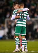3 November 2023; Graham Burke of Shamrock Rovers, 10, celebrates with teammate Johnny Kenny after scoring his side's first goal during the SSE Airtricity Men's Premier Division match between Shamrock Rovers and Sligo Rovers at Tallaght Stadium in Dublin. Photo by Stephen McCarthy/Sportsfile