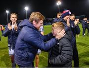 3 November 2023; Shelbourne manager Damien Duff with his son Woody after his side's victory in the SSE Airtricity Men's Premier Division match between Drogheda United and Shelbourne at Weaver's Park in Drogheda, Louth. Photo by Piaras Ó Mídheach/Sportsfile