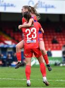 4 November 2023; Christie Gray of Shelbourne celebrates after scoring her side's second goal with team-mate Taylor White during the SSE Airtricity Women's Premier Division match between Shelbourne and Bohemians at Tolka Park in Dublin. Photo by Stephen Marken/Sportsfile
