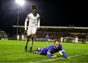 4 November 2023; Rowan McDonald of Waterford is fouled by Wilson Waweru of Cobh Ramblers during the SSE Airtricity Men's First Division Play-Off Final between Waterford and Cobh Ramblers at Turner's Cross in Cork. Photo by Michael P Ryan/Sportsfile