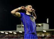 4 November 2023; Ronan Coughlan of Waterford celebrates after scoring his side's first goal during the SSE Airtricity Men's First Division Play-Off Final between Waterford and Cobh Ramblers at Turner's Cross in Cork. Photo by Michael P Ryan/Sportsfile