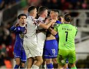 4 November 2023; Tempers flare between Ronan Coughlan of Waterford and Brendan Frahill of Cobh Ramblers during the SSE Airtricity Men's First Division Play-Off Final between Waterford and Cobh Ramblers at Turner's Cross in Cork. Photo by Michael P Ryan/Sportsfile