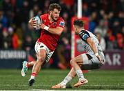 4 November 2023; Alex Nankivell of Munster in action against Jack Dixon of Dragons during the United Rugby Championship match between Munster and Dragons at Musgrave Park in Cork. Photo by Eóin Noonan/Sportsfile