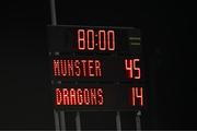 4 November 2023; A general view of the final score on the scoreboard after the United Rugby Championship match between Munster and Dragons at Musgrave Park in Cork. Photo by Piaras Ó Mídheach/Sportsfile