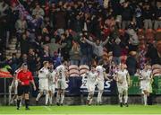 4 November 2023; Cobh Ramblers players celebrate their sides first goal scored by Matthew McKevitt, third from right, during the SSE Airtricity Men's First Division Play-Off Final between Waterford and Cobh Ramblers at Turner's Cross in Cork. Photo by Michael P Ryan/Sportsfile