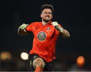 4 November 2023; Waterford goalkeeper Sam Sargeant celebrates his sides second goal scored by Giles Phillips during the SSE Airtricity Men's First Division Play-Off Final between Waterford and Cobh Ramblers at Turner's Cross in Cork. Photo by Michael P Ryan/Sportsfile