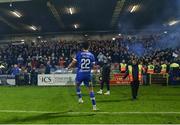 4 November 2023; Giles Phillips of Waterford celebrates with supporters after the SSE Airtricity Men's First Division Play-Off Final between Waterford and Cobh Ramblers at Turner's Cross in Cork. Photo by Michael P Ryan/Sportsfile