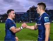 4 November 2023; Dylan Donnellan and Lee Barron of Leinster after their side's victory in the United Rugby Championship match between Leinster and Edinburgh at the RDS Arena in Dublin. Photo by Harry Murphy/Sportsfile
