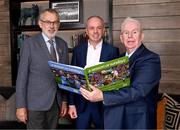 6 November 2023; Uachtarán Chumann Lúthchleas Gael Larry McCarthy, left, Mazars Managing Partner Tom O’Brien, centre, and Photographer and Sportsfile founder Ray McManus during the launch of A Season of Sundays 2023 at The Croke Park Hotel in Dublin. Photo by Piaras Ó Mídheach/Sportsfile