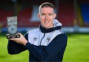 9 November 2023; Jack Moylan of Shelbourne with his SSE Airtricity / SWI Player of the Month award for October 2023 at Tolka Park in Dublin. Photo by Piaras Ó Mídheach/Sportsfile