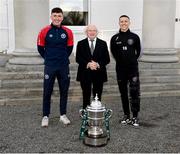 10 November 2023; President of Ireland Michael D Higgins receives 2023 Men's FAI Cup finalists Joe Redmond of St Patrick's Athletic, left, and Keith Buckley of Bohemians, right, at Áras an Uachtaráin in the Phoenix Park, Dublin, ahead of the 2023 Sports Direct Men's FAI Cup Final between Bohemians and St Patrick's Athletic to be held on Sunday at the Aviva Stadium in Dublin. Photo by Stephen McCarthy/Sportsfile