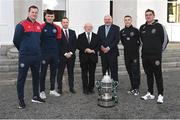 10 November 2023; President of Ireland Michael D Higgins receives representatives ahead of the 2023 Men's FAI Cup, from left, St Patrick's Athletic manager Jon Daly, St Patrick's Athletic captain Joe Redmond, League of Ireland director Mark Scanlon, FAI President Gerry McAnaney, Bohemians cpatain Keith Buckley and Bohemians manager Declan Devine at Áras an Uachtaráin in the Phoenix Park, Dublin, ahead of the 2023 Sports Direct Men's FAI Cup Final between Bohemians and St Patrick's Athletic to be held on Sunday at the Aviva Stadium in Dublin. Photo by Stephen McCarthy/Sportsfile