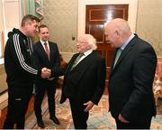 10 November 2023; President of Ireland Michael D Higgins receives 2023 Men's FAI Cup manager Declan Devine of Bohemians in the company of League of Ireland director Mark Scanlon and FAI President Gerry McAnaney, right, at Áras an Uachtaráin in the Phoenix Park, Dublin, ahead of the 2023 Sports Direct Men's FAI Cup Final between Bohemians and St Patrick's Athletic to be held on Sunday at the Aviva Stadium in Dublin. Photo by Stephen McCarthy/Sportsfile