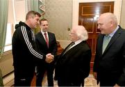 10 November 2023; President of Ireland Michael D Higgins receives 2023 Men's FAI Cup manager Declan Devine of Bohemians in the company of League of Ireland director Mark Scanlon and FAI President Gerry McAnaney, right, at Áras an Uachtaráin in the Phoenix Park, Dublin, ahead of the 2023 Sports Direct Men's FAI Cup Final between Bohemians and St Patrick's Athletic to be held on Sunday at the Aviva Stadium in Dublin. Photo by Stephen McCarthy/Sportsfile