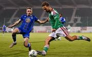 10 November 2023; Ben Worman of Cork City in action against Darragh Power of Waterford during the SSE Airtricity Men's Promotion / Relegation play-off match between Waterford and Cork City at Tallaght Stadium in Dublin. Photo by Tyler Miller/Sportsfile