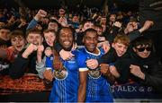 10 November 2023; Christie Pattisson, left, and Romeo Akachukwu of Waterford celebrate after the SSE Airtricity Men's Premier Division Promotion / Relegation play-off match between Waterford and Cork City at Tallaght Stadium in Dublin. Photo by Stephen McCarthy/Sportsfile