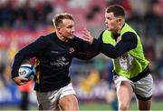 10 November 2023; Stewart Moore, left, and Shea O'Brien of Ulster before the United Rugby Championship match between Ulster and Munster at Kingspan Stadium in Belfast. Photo by Ramsey Cardy/Sportsfile