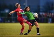 11 November 2023; Jessica Fitzgerald of Peamount United in action against Emma Hansberry of Sligo Rovers during the SSE Airtricity Women's Premier Division match between Peamount United and Sligo Rovers at PRL Park in Greenogue, Dublin. Photo by Stephen McCarthy/Sportsfile