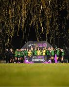 11 November 2023; Peamount United players celebrate with the SSE Airtricity Women's Premier Division trophy after the SSE Airtricity Women's Premier Division match between Peamount United and Sligo Rovers at PRL Park in Greenogue, Dublin. Photo by Stephen McCarthy/Sportsfile