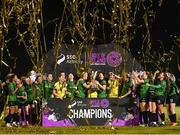 11 November 2023; Peamount United players celebrate with the SSE Airtricity Women's Premier Division trophy after the SSE Airtricity Women's Premier Division match between Peamount United and Sligo Rovers at PRL Park in Greenogue, Dublin. Photo by Stephen McCarthy/Sportsfile