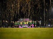 11 November 2023; Peamount United players celebrate with the SSE Airtricity Women's Premier Division trophy after the SSE Airtricity Women's Premier Division match between Peamount United and Sligo Rovers at PRL Park in Greenogue, Dublin. Photo by Stephen McCarthy/Sportsfile