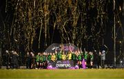 11 November 2023; Peamount United players celebrate with the SSE Airtricity Women's Premier Division trophy after the SSE Airtricity Women's Premier Division match between Peamount United and Sligo Rovers at PRL Park in Greenogue, Dublin. Photo by Stephen McCarthy/Sportsfile