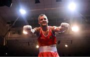 11 November 2023; Dean Walsh of St Ibars/St Josephs Boxing Club, Wexford, celebrates victory over Eugene McKeever of Holy Family Drogheda Boxing Club, Louth, after their light middleweight 71kg final bout at the IABA National Elite Boxing Championships 2024 Finals at the National Boxing Stadium in Dublin. Photo by Seb Daly/Sportsfile