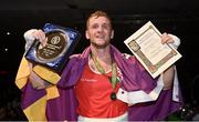 11 November 2023; Dean Walsh of St Ibars/St Josephs Boxing Club, Wexford, celebrates victory over Eugene McKeever of Holy Family Drogheda Boxing Club, Louth, after their light middleweight 71kg final bout at the IABA National Elite Boxing Championships 2024 Finals at the National Boxing Stadium in Dublin. Photo by Seb Daly/Sportsfile