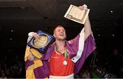 11 November 2023; Dean Walsh of St Ibars/St Josephs Boxing Club, Wexford, celebrates victory over Eugene McKeever of Holy Family Drogheda Boxing Club, Louth, after their light middleweight 71kg final bout at the IABA National Elite Boxing Championships 2024 Finals at the National Boxing Stadium in Dublin. Photo by Seb Daly/Sportsfile