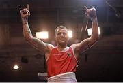 11 November 2023; Dean Walsh of St Ibars/St Josephs Boxing Club, Wexford, celebrates victory over Eugene McKeever of Holy Family Drogheda Boxing Club, Louth, after their light middleweight 71kg final bout at the IABA National Elite Boxing Championships 2024 Finals at the National Boxing Stadium in Dublin. Photo by Seb Daly/Sportsfile