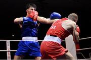 11 November 2023; Dean Walsh of St Ibars/St Josephs Boxing Club, Wexford, right, and Eugene McKeever of Holy Family Drogheda Boxing Club, Louth, during their light middleweight 71kg final bout at the IABA National Elite Boxing Championships 2024 Finals at the National Boxing Stadium in Dublin. Photo by Seb Daly/Sportsfile