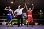 11 November 2023; Dean Walsh of St Ibars/St Josephs Boxing Club, Wexford, is declared victorious over Eugene McKeever of Holy Family Drogheda Boxing Club, Louth, after their light middleweight 71kg final bout at the IABA National Elite Boxing Championships 2024 Finals at the National Boxing Stadium in Dublin. Photo by Seb Daly/Sportsfile